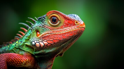  A lizard's head in focus with green and red hues, background softly blurred