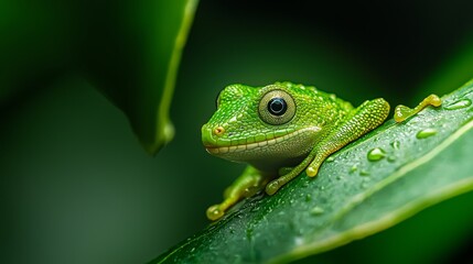 Fototapeta premium A frog up close on a wet leaf against a green backdrop, with dewdrops adorning its body