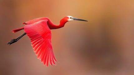 Obraz premium A red bird flies in the air, wings spread wide, head turned to the side