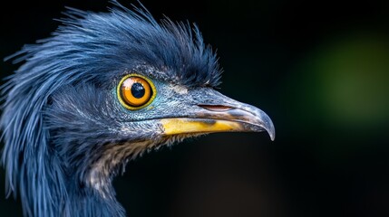 Fototapeta premium A bird's head in sharp focus against a solid black backdrop, with a head shot exhibiting a soft, blurry edge