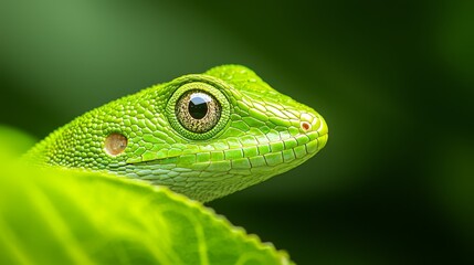 Fototapeta premium A tight shot of a green lizard's expression on a verdant leaf, surrounded by a softly blurred background