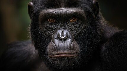  A tight shot of a monkey's serious face against a blurred background
