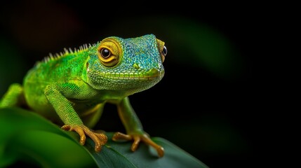 Obraz premium A tight shot of a green chameleon perched on a leaf against a black backdrop The head is softly blurred