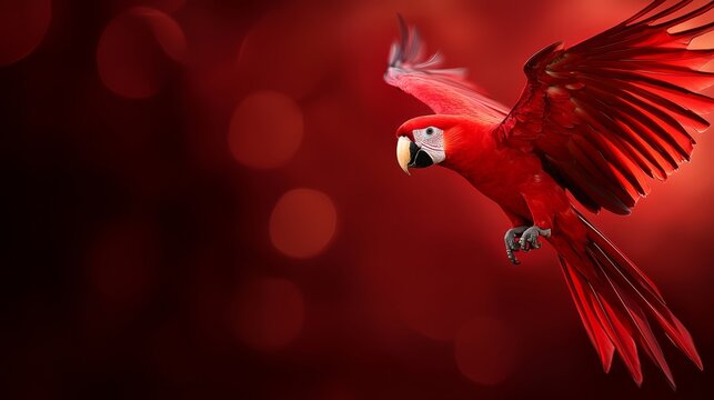  A red parrot flies with spread wings, head turned aside