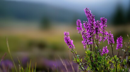 Naklejka premium A tight shot of purple blooms in a field against a backdrop of a distant mountain