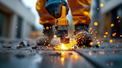 A construction worker wearing safety gear using a jackhammer to break up a concrete floor in a home, with sunlight streaming through a window in the background.