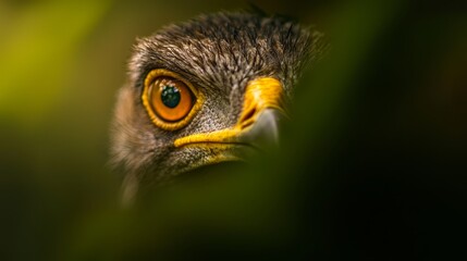 Obraz premium A tight shot of a bird's face with a yellow-eyed bird in the background