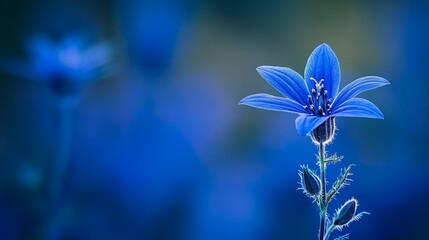  A blue flower in sharp focus on its stem against a softly blurred background of blue sky and hazy greenery