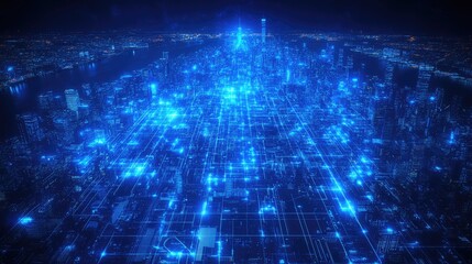 Obraz premium A blue-toned city with communication network technology and hologram images.