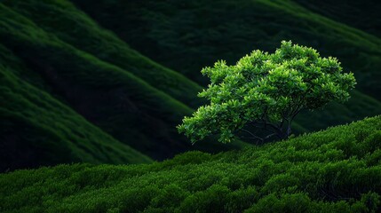  A solitary tree atop a grassy hill against mountains in the background