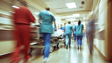 Blurred Motion of Medical Professionals in Hospital Corridor