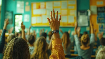 A scene in a classroom where students' hands are raised high, the focus is on the hands with a softly blurred board covered in lessons in the background.