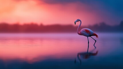 Fototapeta premium A pink flamingo poses in a tranquil body of water as the sun sets, casting an orange and pink hue on the scene