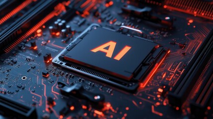Close-up of a glowing AI microchip embedded in a futuristic circuit board, representing cutting-edge artificial intelligence technology, computing, and innovation in hardware design.