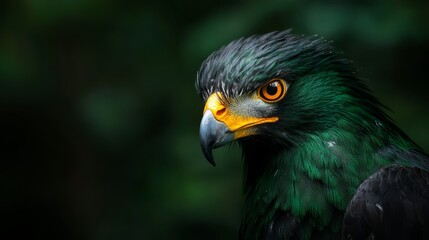 Obraz premium A tight shot of a bird with green-black plumage, yellow beak, and contrasting black-and-white head Tree in the backdrop