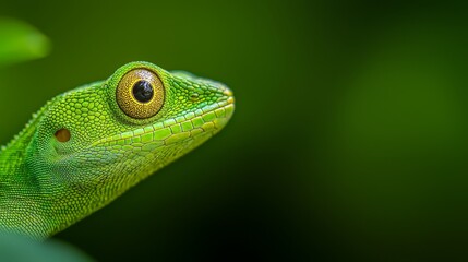 Fototapeta premium A tight shot of a green lizard's face, background softly blurred with green foliage