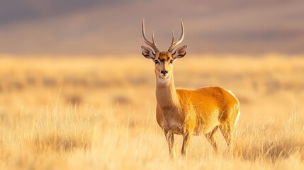  A tight shot of a deer in a towering grass field, framed by a cloud-filled backdrop