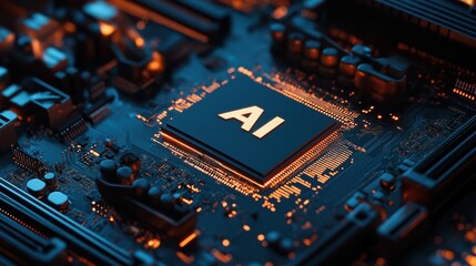 Fototapeta premium Close-up of an AI processor on a circuit board, glowing with futuristic orange lights. Perfect for technology, artificial intelligence, and modern computing power representations.
