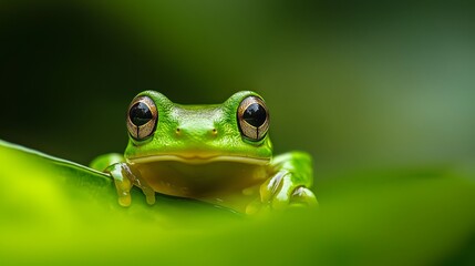  A close-up of a frog on a leaf with a blurred background