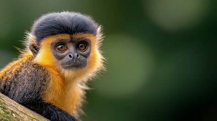 Obraz premium A tight shot of a yellow-and-black monkey gripping a tree branch Background consists of hazy trees