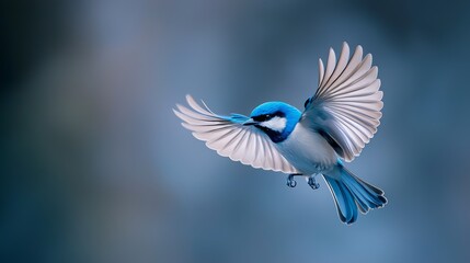 Naklejka premium A blue-and-white bird flies through the air, wings spread wide, eyes fixed ahead