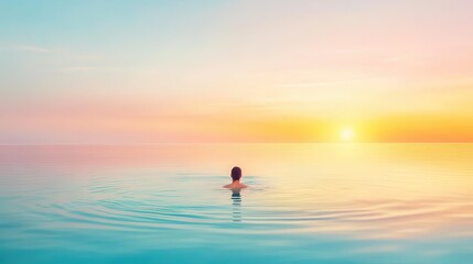 Fototapeta premium A person swimming in an open lake at sunrise, with the calm water reflecting the new day, representing renewal, cleansing, and a fresh start in the new year