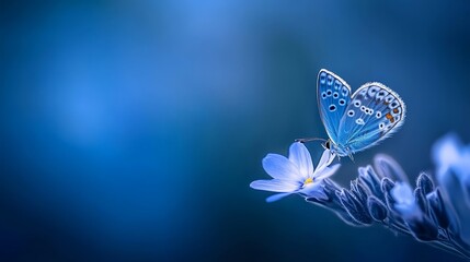  A blue butterfly sits atop a blue and white flower Another blue and white flower lies beneath it