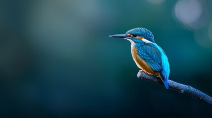 Fototapeta premium A small blue-and-yellow bird perches on a tree branch against a backdrop of blue and green