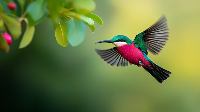 A red-and-green bird flies beside a tree, its branches adorned with red berries and green leaves