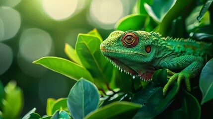 Fototapeta premium A tight shot of a green chameleon perched on a branch adorned with leafy greens Sunlight penetrates the foliage, casting brilliant rays