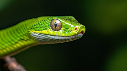  A tight shot of a green snake's head perched on a branch against hazy leafy backdrop