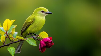  A green bird perched on a tree branch, holding a flower against a softly blurred green backdrop