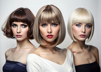 Stylish women with various bob hairstyles, including blunt cuts, asymmetrical styles, and layered looks, pose against
