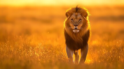  A tight shot of a lion strolling through a verdant field as the sun illuminates the golden grass...