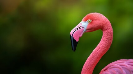  A tight shot of a pink flamingo against a hazy backdrop of trees and shrubs
