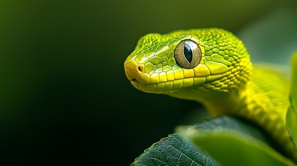 Fototapeta premium A tight shot of a green snake's eye atop a green leaf, surrounded by a softly blurred background