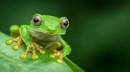 Naklejka premium A tight shot of a frog atop a green leaf against a softly blurred backdrop of intermingling, vibrant green foliage
