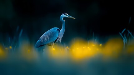 Fototapeta premium A blue bird with a long neck and legs stands amidst a field of yellow flowering grasses