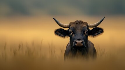  A tight shot of a cow in a lush grass field, gazing at the camera with its horns lowered