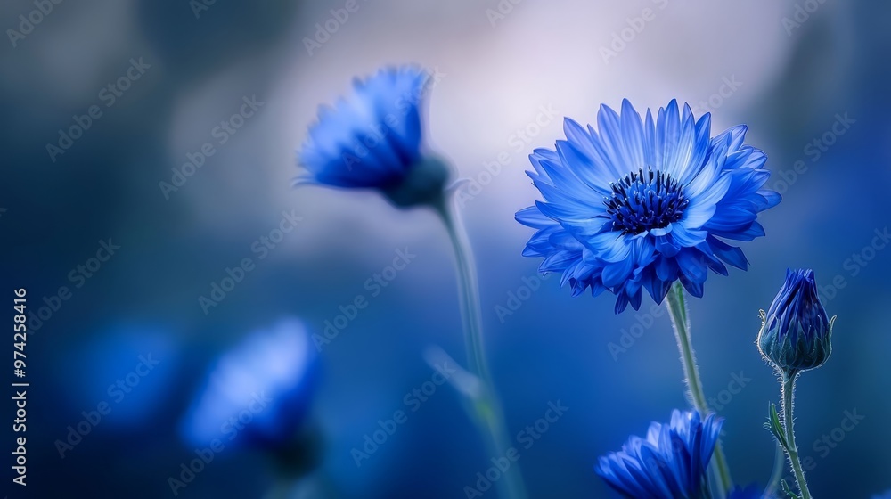 Wall mural  A field of blue flowers atop lush green grass Above, a sky teeming with clouds