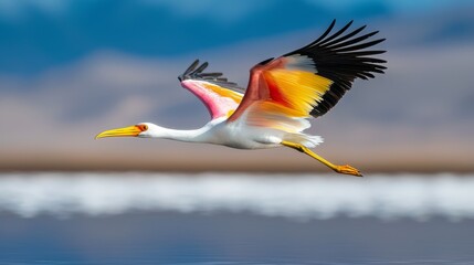  A bird flies over a body of water with its beak agape and wings spread wide