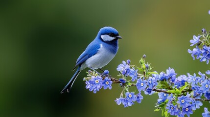 Obraz premium A tiny blue bird sits on a tree branch, surrounded by blue blossoms Background softly blurred