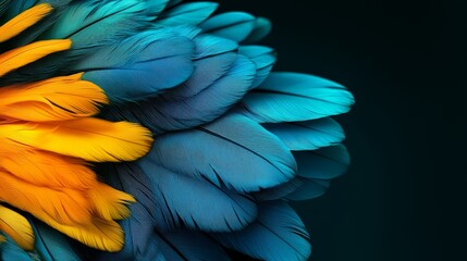 Fototapeta premium A tight shot of a multicolored bird's feathers against a black backdrop, or a multicolored bird's feathers against a green background (Optimized for
