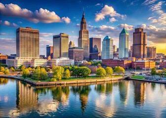 Obraz premium Sunny day view of Cleveland, Ohio's vibrant downtown skyline featuring sleek modern high-rises, historic buildings, and
