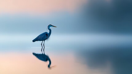  A long-necked bird in a body of water against a pink and blue sky