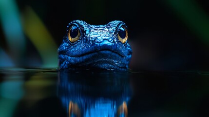 Fototapeta premium A tight shot of a blue frog's face, eyes widely opened and mirrored in the water