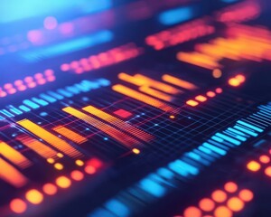 Obraz premium Abstract digital visualization with vibrant colors representing data analysis and technology trends.