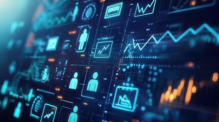 Obraz premium Futuristic digital interface displaying data analytics, graphs, and user information, ideal for technology and business themes.