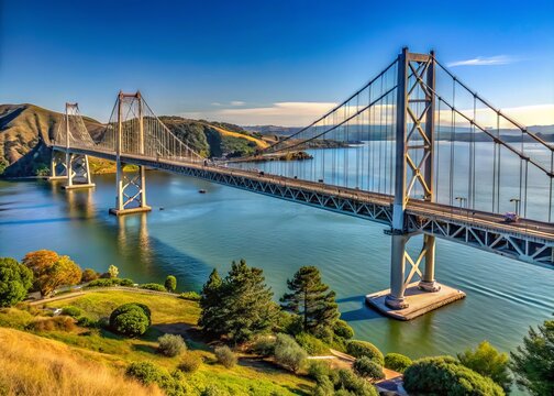 Suspension bridge spanning the Carquinez Strait, connecting Contra Costa and Solano counties, California, with a