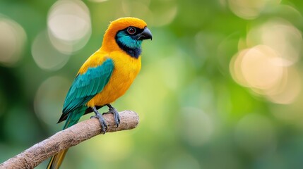 Obraz premium A vibrant bird perches atop a tree branch against a backdrop of green and yellow foliage